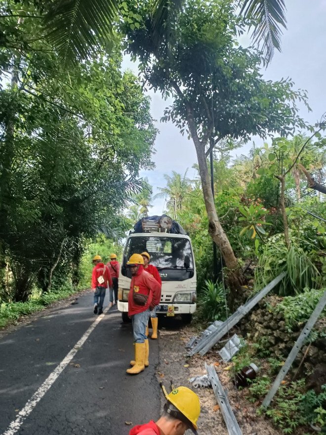 Hujan Disertai Angin Kencang Sebabkan Dua Titik Tiang Listrik Tumbang dan Pohon Roboh di Desa Sakti